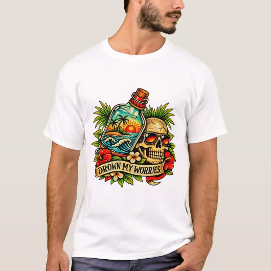 Retro Summer Skull Message in a Bottle Beach Tシャツ (正面)