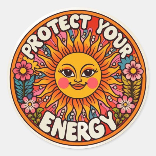 Retro Sun & Flowers Protect Your Energy Sticker -  ラウンドシール (正面)