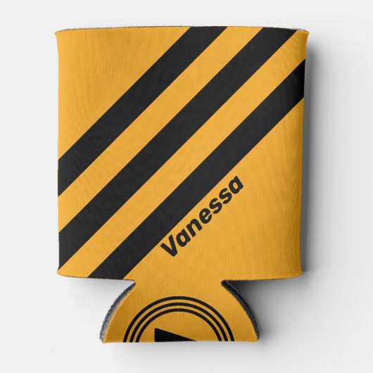 Retro Sunflower Buzz Three Stripes with Name 缶クーラー (正面)