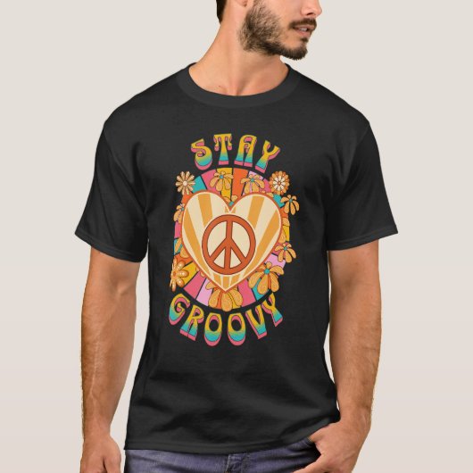 Retro Sunflower Hippie Stay Groovy Positive Mind H Tシャツ (正面)