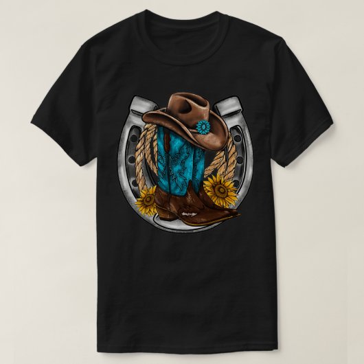 Retro Sunflower Horseshoe Cowgirl Boots Hat Rope W Tシャツ (デザイン正面)