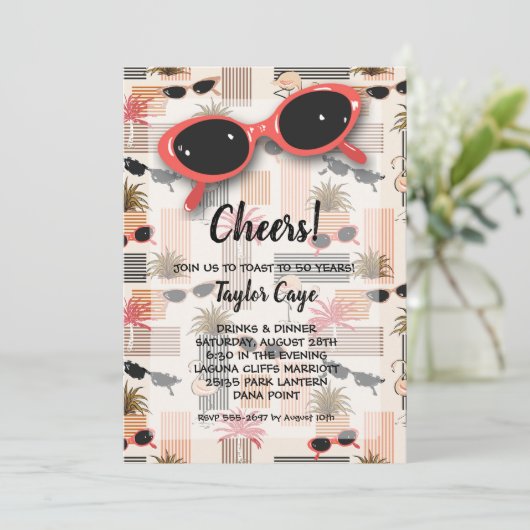 Retro Sunglasses and Palms 50th Birthday 招待状 (スタンド正面)