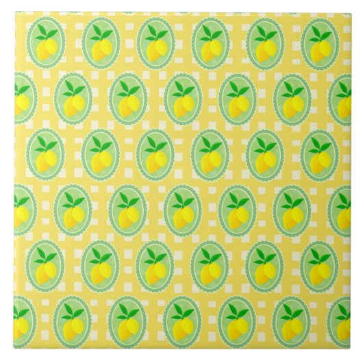 Retro Sunny Lemon Yellow White Check タイル (正面)