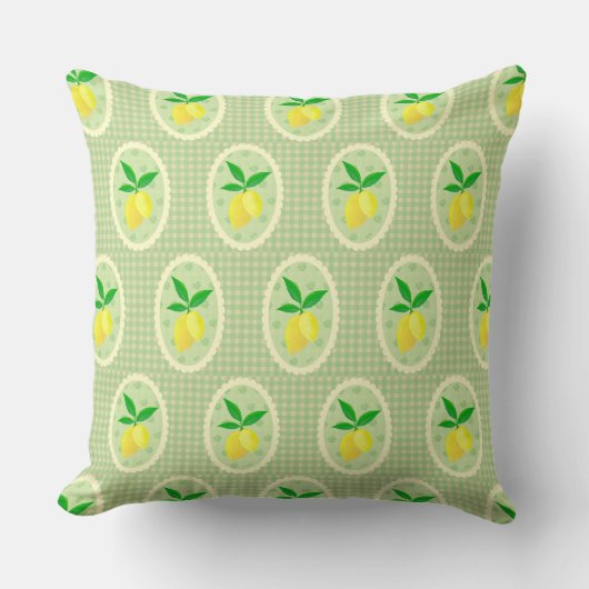Retro Sunny Lemons on Green Gingham クッション (正面)