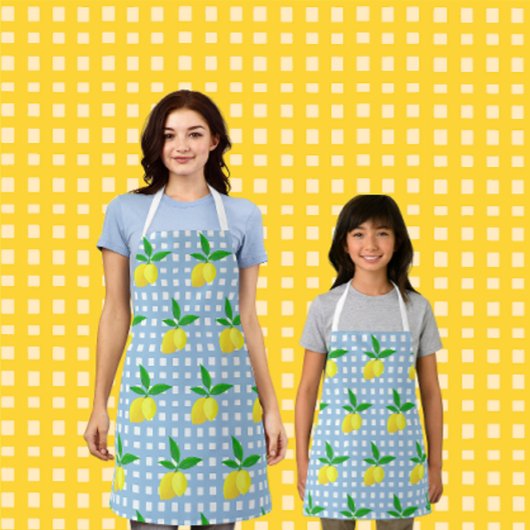 Retro Sunny Yellow Lemon Blue White Check エプロン