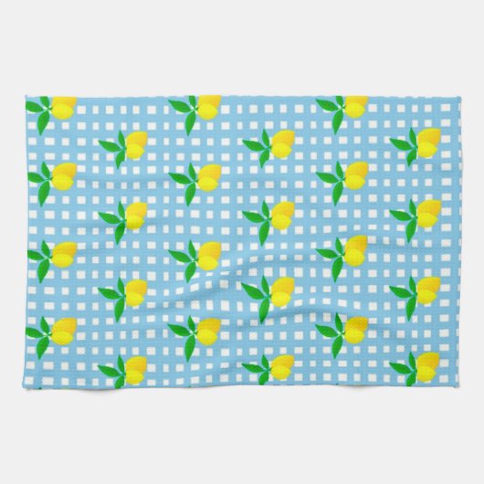 Retro Sunny Yellow Lemon Blue White Check キッチンタオル (横)