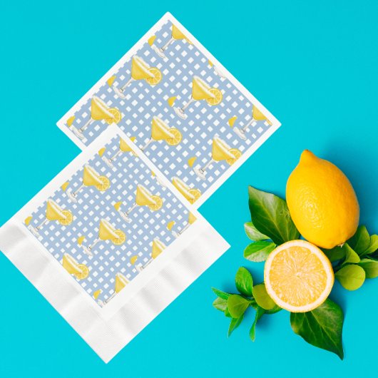 Retro Sunny Yellow Lemon Drop Blue Check スタンダードカクテルナプキン