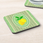 Retro Sunny Yellow Lemon Green Gingham Check コースター (左側)