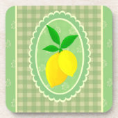 Retro Sunny Yellow Lemon Green Gingham Check コースター (正面)