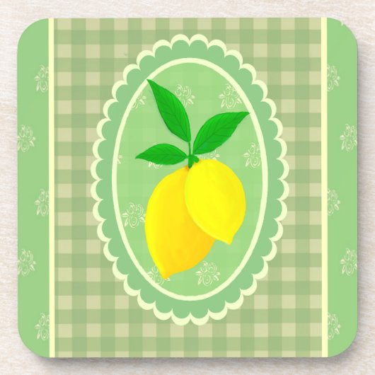 Retro Sunny Yellow Lemon Green Gingham Check コースター (正面)
