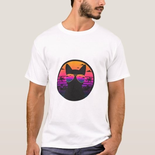 Retro Sunset Cat Aviator Sunglasses Vaporwave Tシャツ (正面)