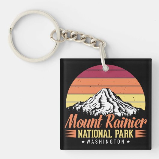 Retro Sunset Mount Rainier Washington Illustration キーホルダー (正面)