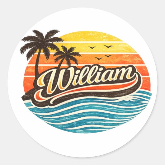 Retro Sunset Palm Tree Name Art – William ラウンドシール (正面)