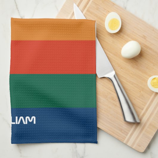 Retro Sunset Stripes with Simple Space Bold Name キッチンタオル (四つ折り)