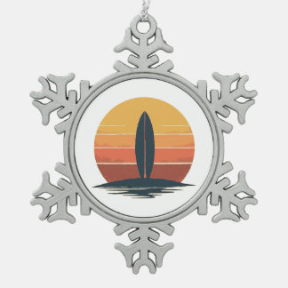 Retro Sunset Surfboard スノーフレークピューターオーナメント