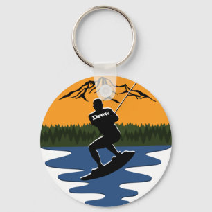 Retro Sunset Wakeboard Water Skiing Name キーホルダー