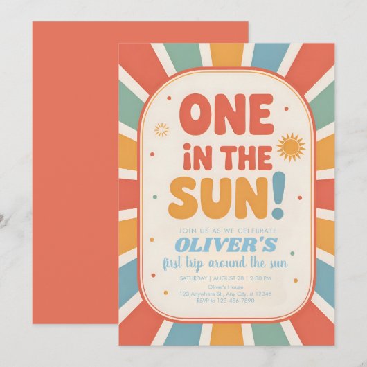 Retro Sunshine First Birthday 招待状 (正面/裏面)