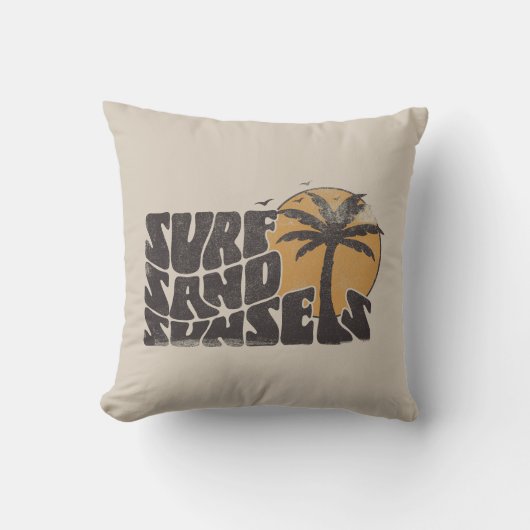 Retro Surf Sand Sunsets Palm Tree Beach Vibes クッション (正面)