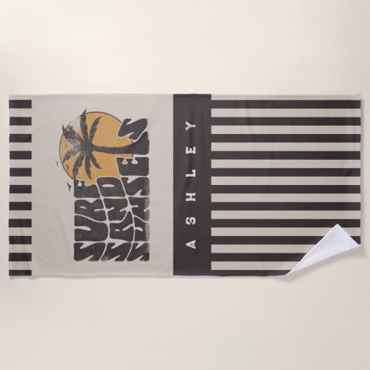 Retro Surf Sand Sunsets Palm Tree Beach Vibes ビーチタオル (正面)