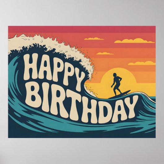 Retro Surf Theme "Happy Birthday" Illustration ポスター (正面)