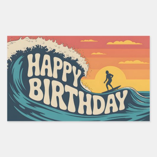 Retro Surf Theme "Happy Birthday" Illustration 長方形シール (正面)