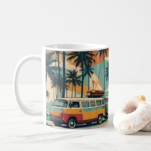 Retro Surf Van & Palm Trees Coffee Mug | Tropical  コーヒーマグカップ (ドーナツ)