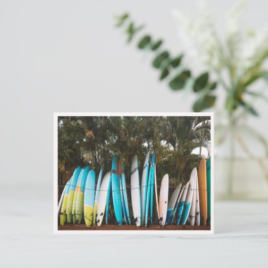 Retro Surfboards in Kauai Hanalei Beach ポストカード (スタンド正面)