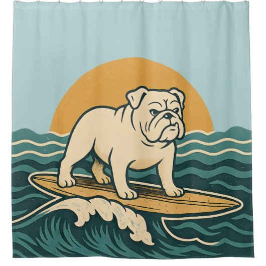 Retro Surfer Bulldog - Blue Coastal Surfing Dog シャワーカーテン (正面)