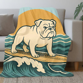 Retro Surfer Dog Art Blue Coastal Surfing Bulldog フリースブランケット