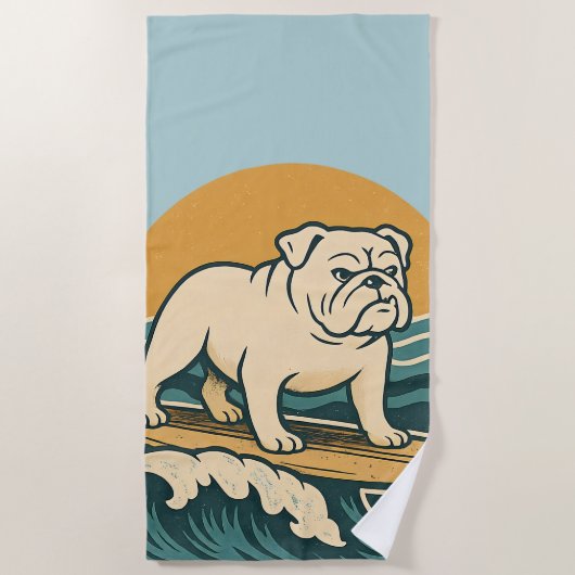 Retro Surfer Dog Blue Coastal Surfing Bulldog Art ビーチタオル (正面)