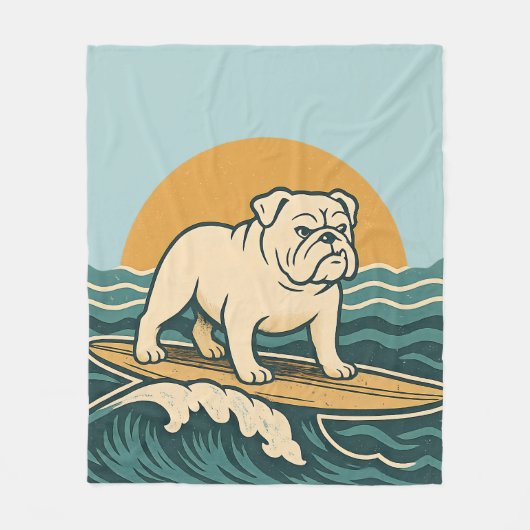 Retro Surfer Dog Blue Coastal Surfing Bulldog Art フリースブランケット (正面)
