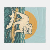 Retro Surfer Dog Blue Coastal Surfing Bulldog Art フリースブランケット (正面(横))