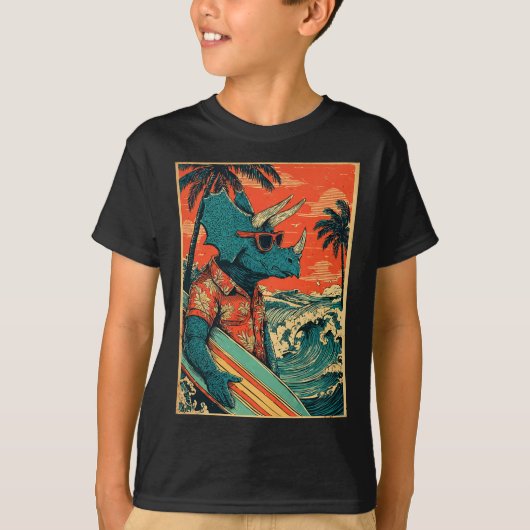 Retro Surfing Dinosaur Hawaii Summer Triceratops S Tシャツ (正面)