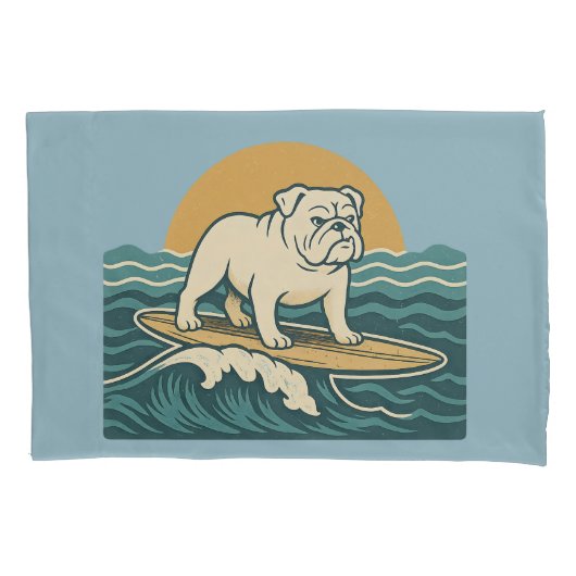 Retro Surfing Dog -Reversible Surfboard Print Blue 枕カバー (正面)