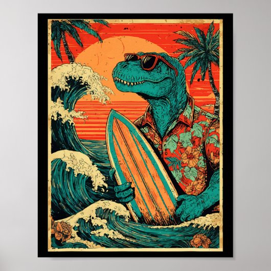 Retro Surfing Tyrannosaurus Hawaiian Summer Dinosa ポスター (正面)