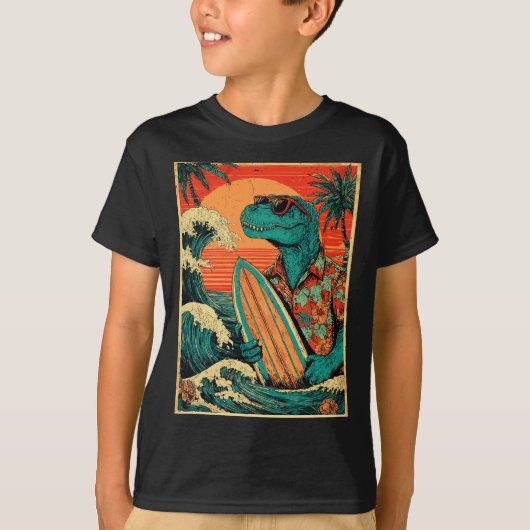 Retro Surfing Tyrannosaurus Hawaiian Summer Dinosa Tシャツ (正面)