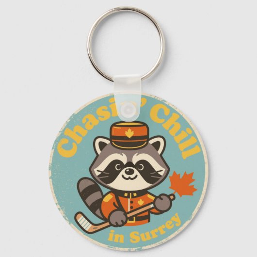 Retro Surrey BC Raccoon and Hockey Stick キーホルダー (正面)