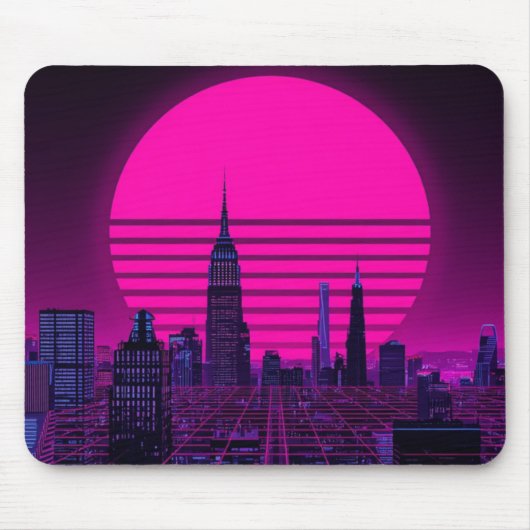 Retro Synthwave Cyberpunk City Neon Gaming Desk Ma マウスパッド (正面)