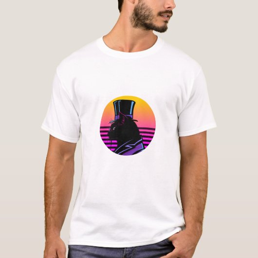 Retro Synthwave Gentleman Cat in Top Hat - Neon Su Tシャツ (正面)