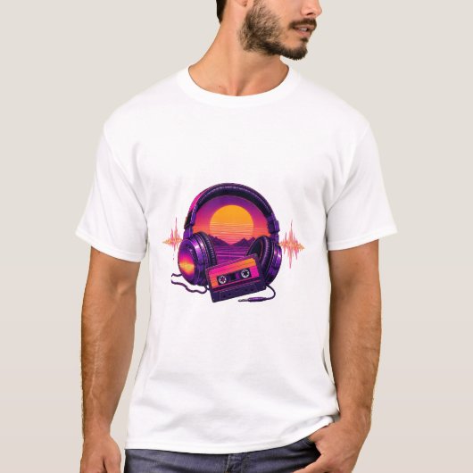 Retro Synthwave Kopfhörer Im Sonnenuntergang Tシャツ (正面)