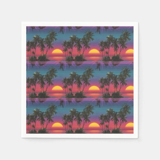Retro Synthwave Palm Tree Sunset Pattern スタンダードカクテルナプキン (正面)