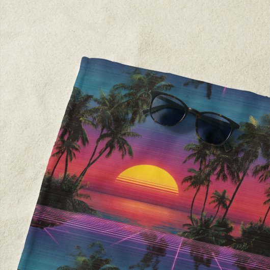 Retro Synthwave Palm Tree Sunset Pattern ビーチタオル (インサイチュ)