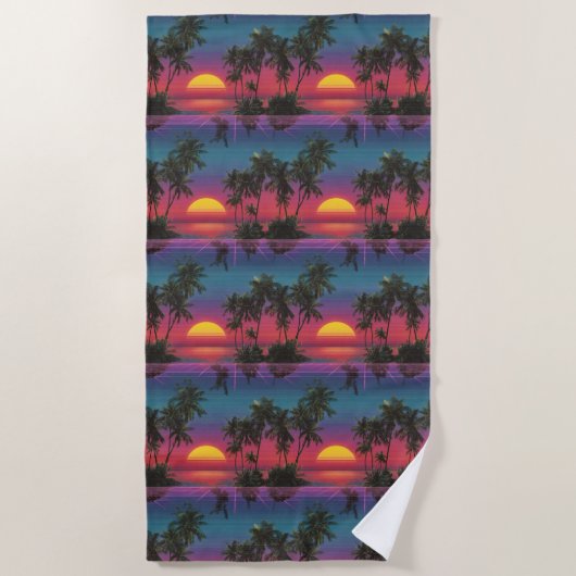 Retro Synthwave Palm Tree Sunset Pattern ビーチタオル (正面)