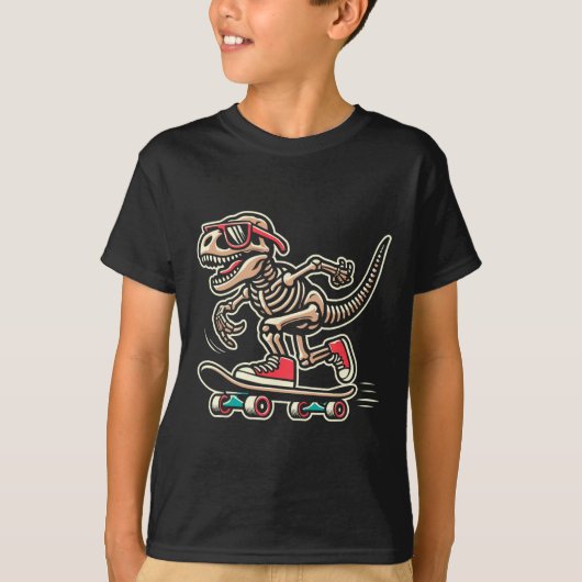 Retro T-rex Skeleton Dinosaur Skateboarding Boys  Tシャツ (正面)