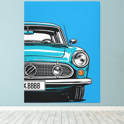 Retro Teal Classic Car Front Pop Art Illustration キャンバスプリント (インサイチュ (ウッドフロア))