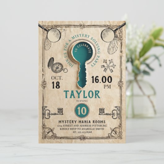 Retro Teal Escape Room Key Mystery Solving Spy 招待状 (スタンド正面)