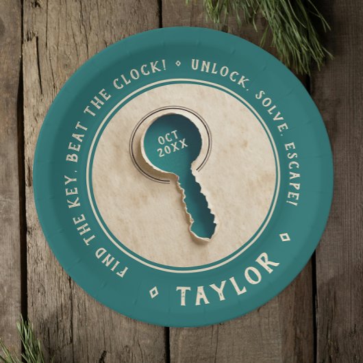 Retro Teal Escape Room Key Solve Treasure Hunt ペーパープレート