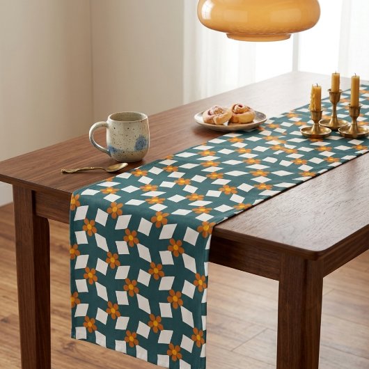 Retro Teal & Orange Floral Grid Table Runner ショートテーブルランナー