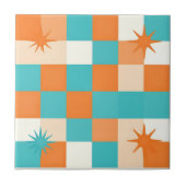 Retro Teal Orange Starburst Checkerboard タイル (正面)