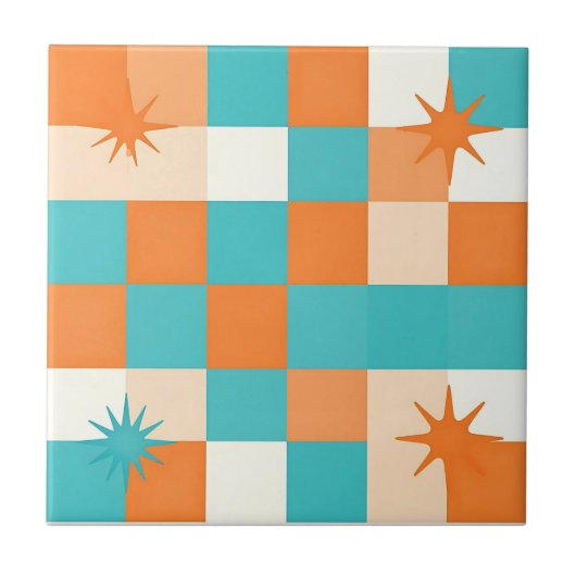 Retro Teal Orange Starburst Checkerboard タイル (正面)